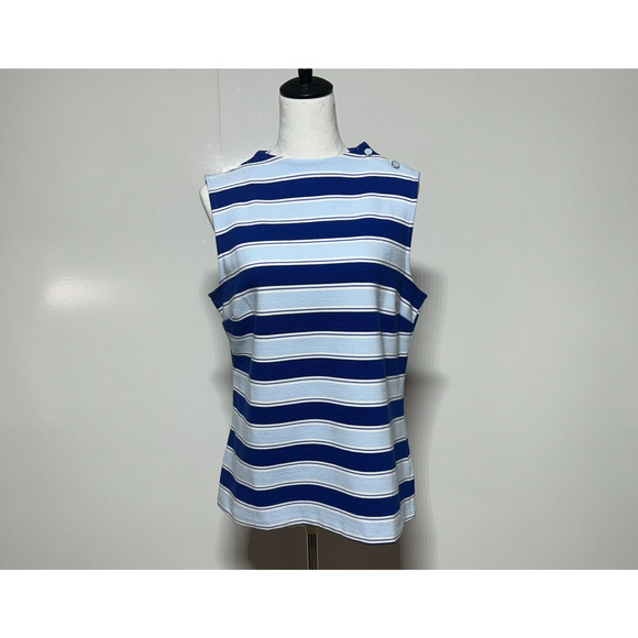 Talbots Top Womens Large Blue White Stripe Textured Button Shoulder Stretch - Picture 2 of 10